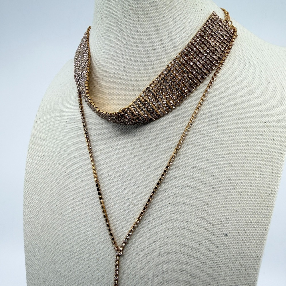 VTG Gold Tone Rhinestone Wide Choker & Lariat Y-Necklace Layered Statement Set - Picture 6 of 11